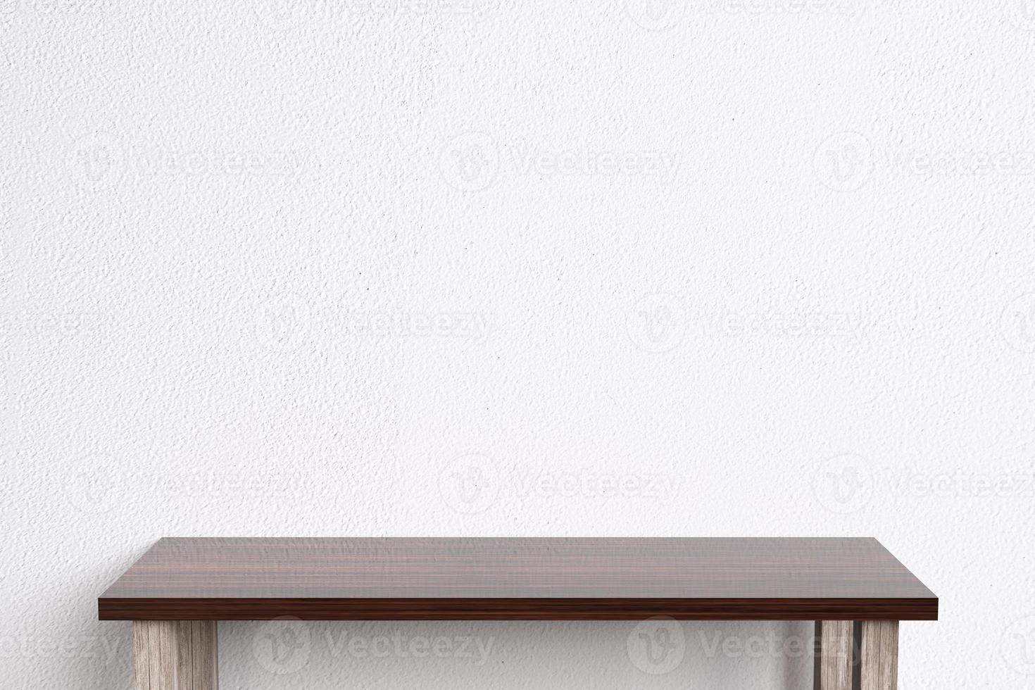 Brown wooden table and white wall background for product placement and minimalist scene design Trade show, fashion, cosmetics or other products photo