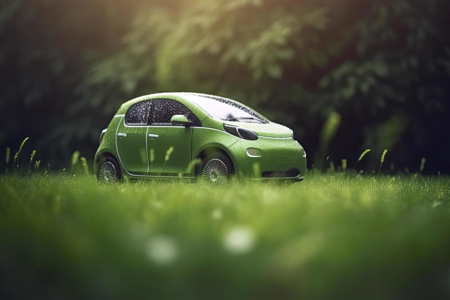 eléctrico coche con verde hoja icono en difuminar césped fondo, ecología y ambiente concepto foto