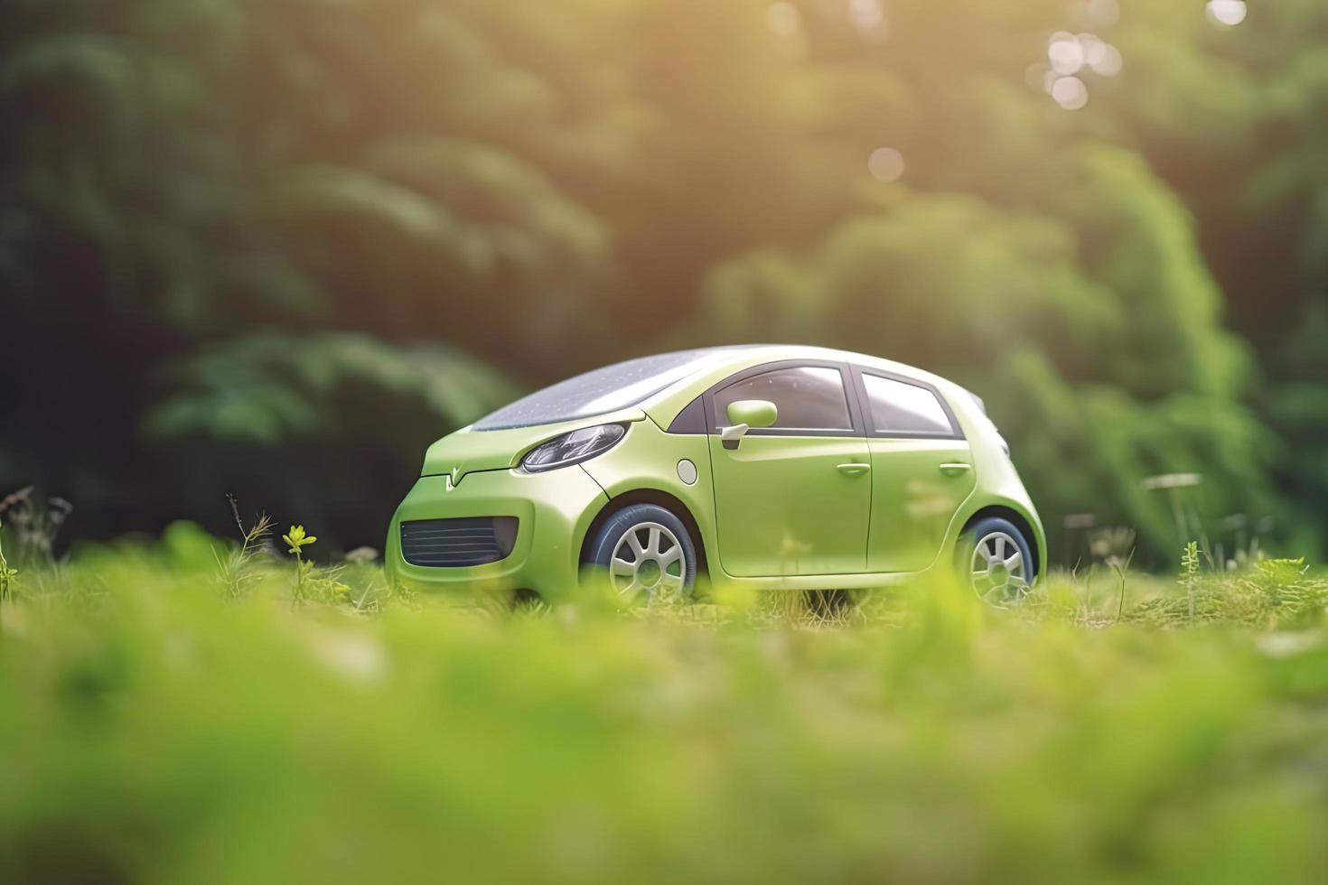 electric car with green leaf icon on blur grass background, ecology and environment concept photo