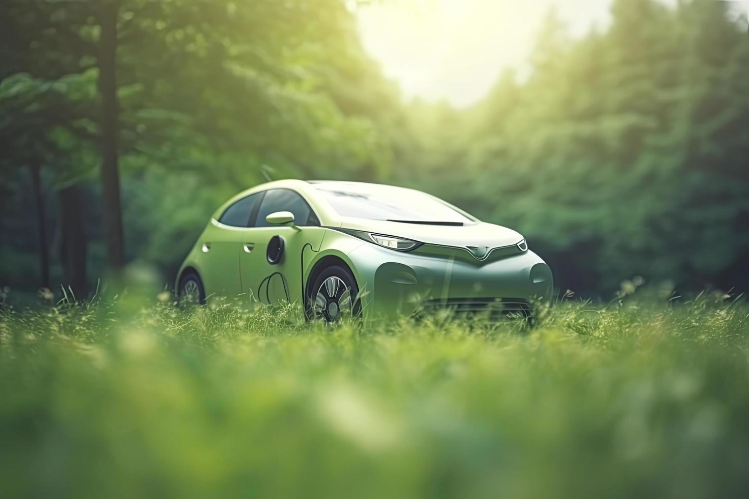 electric car with green leaf icon on blur grass background, ecology and environment concept photo