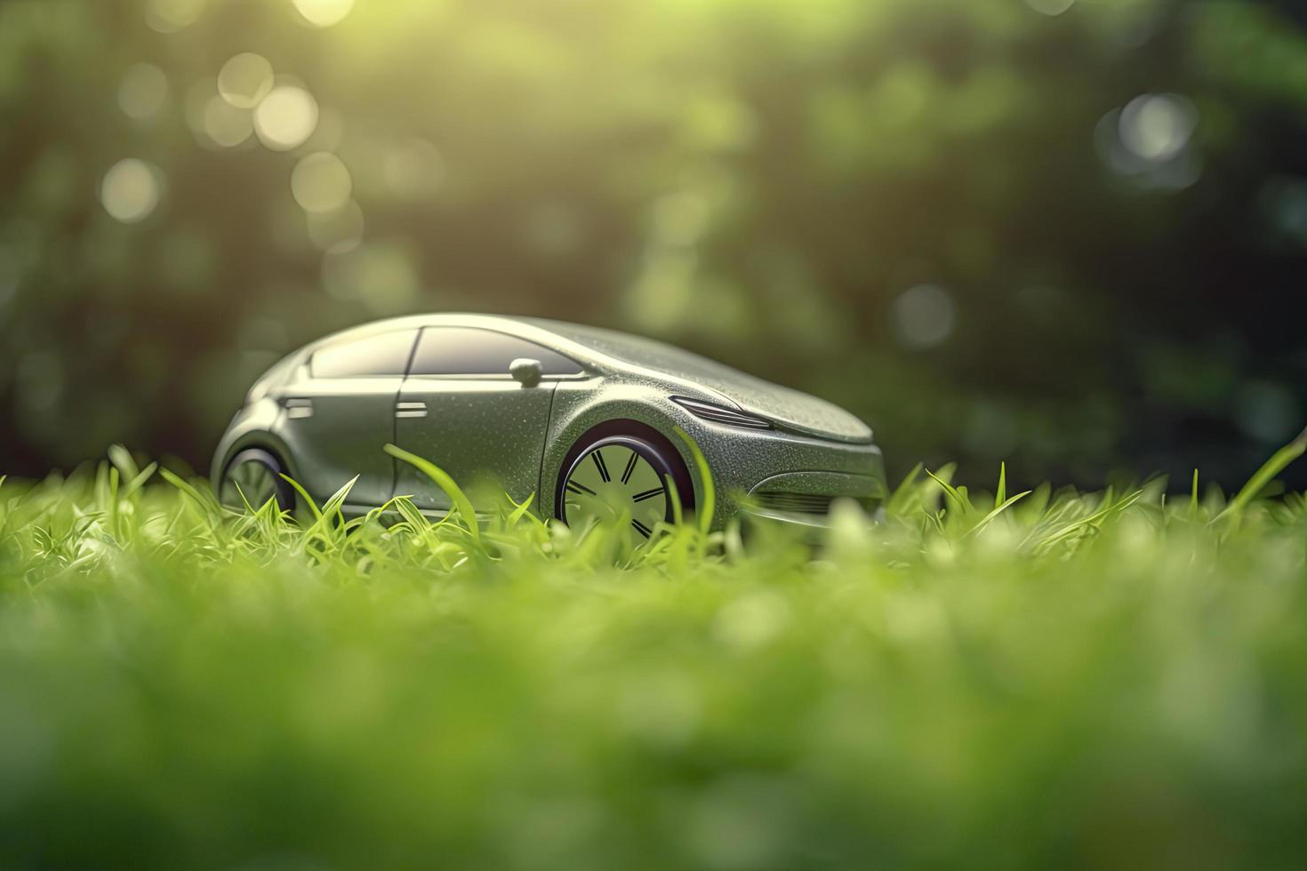 electric car with green leaf icon on blur grass background, ecology and environment concept photo