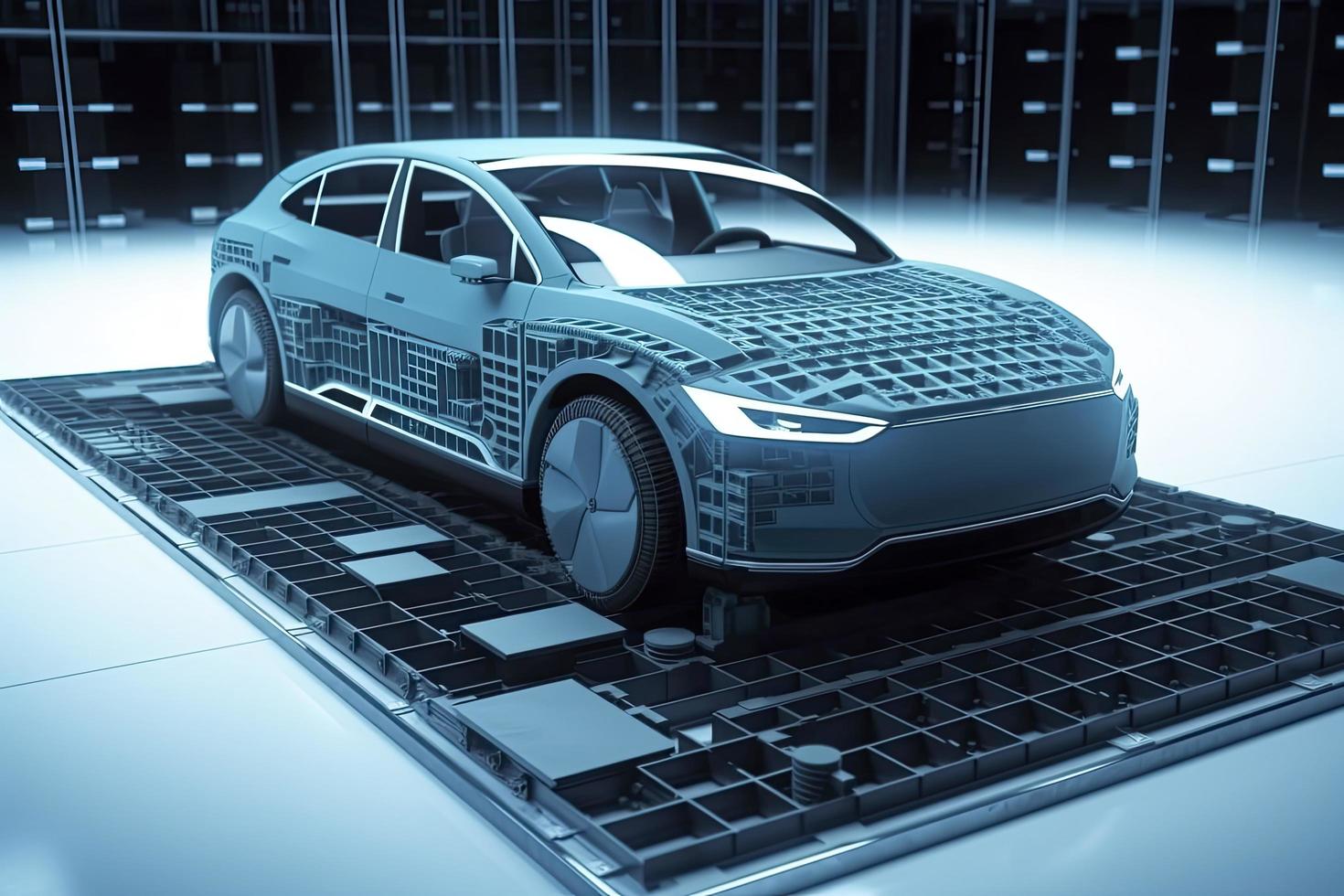 Electric car research and development with 3d rendering ev car with pack of battery cells module on platform photo
