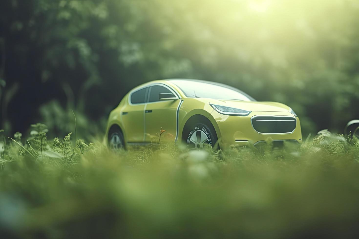 electric car with green leaf icon on blur grass background, ecology and environment concept photo