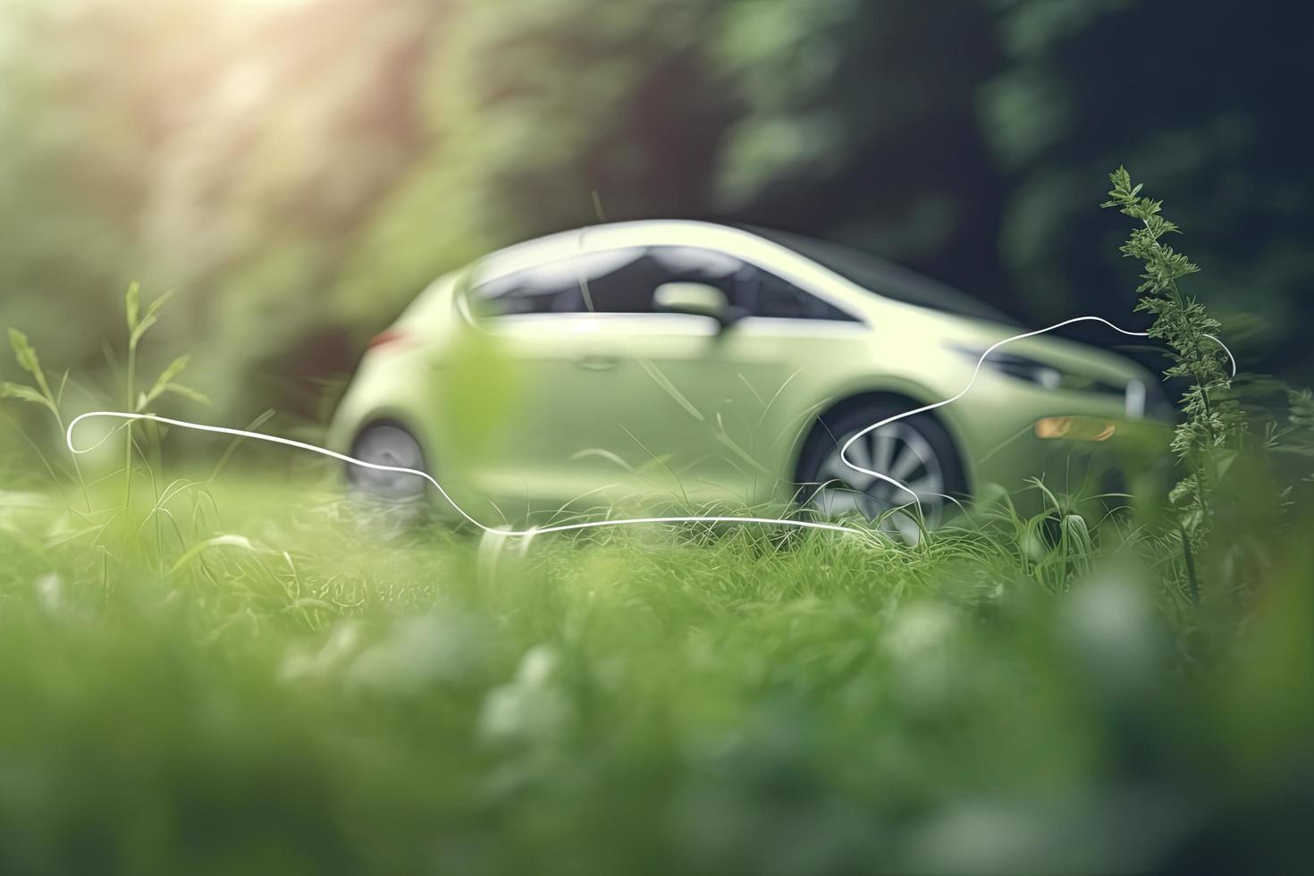 electric car with green leaf icon on blur grass background, ecology and environment concept photo