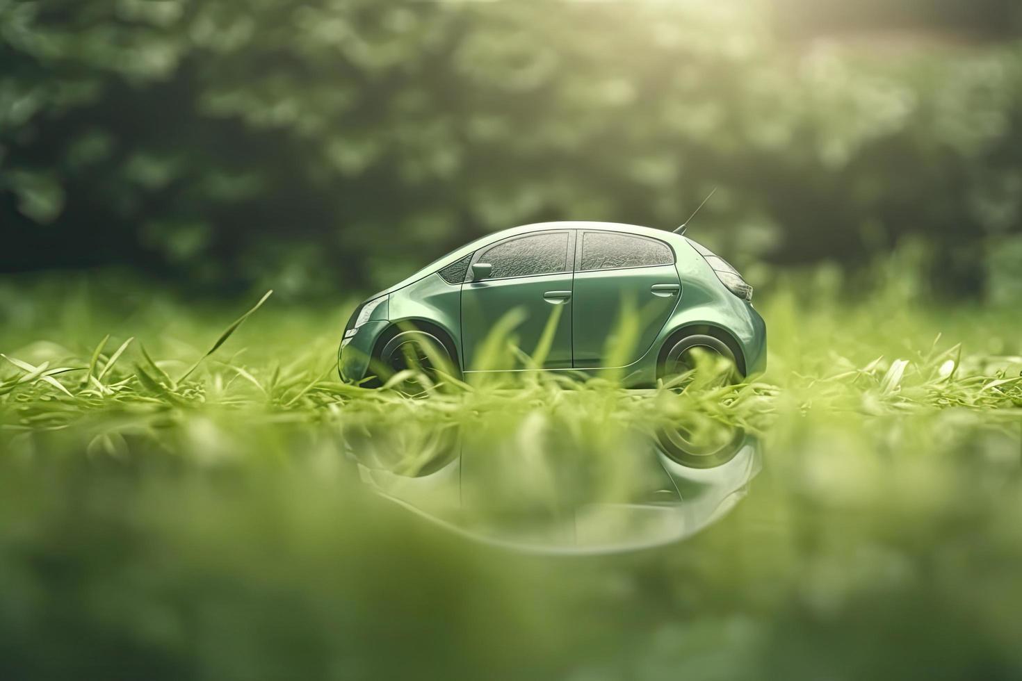 electric car with green leaf icon on blur grass background, ecology and environment concept photo