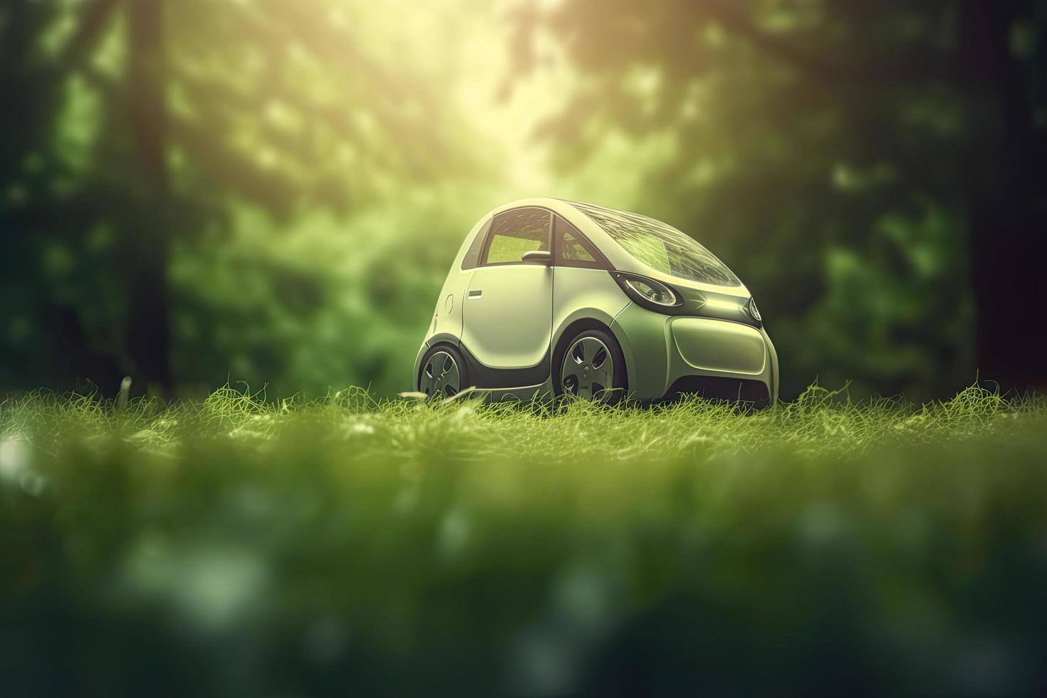 electric car with green leaf icon on blur grass background, ecology and environment concept photo