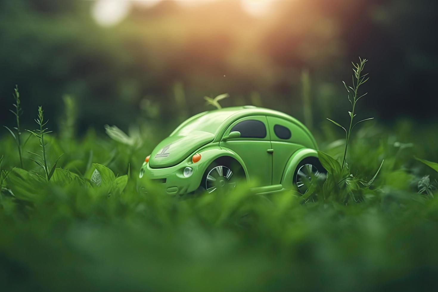 electric car with green leaf icon on blur grass background, ecology and environment concept photo