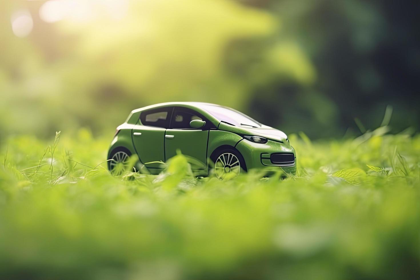 electric car with green leaf icon on blur grass background, ecology and environment concept photo