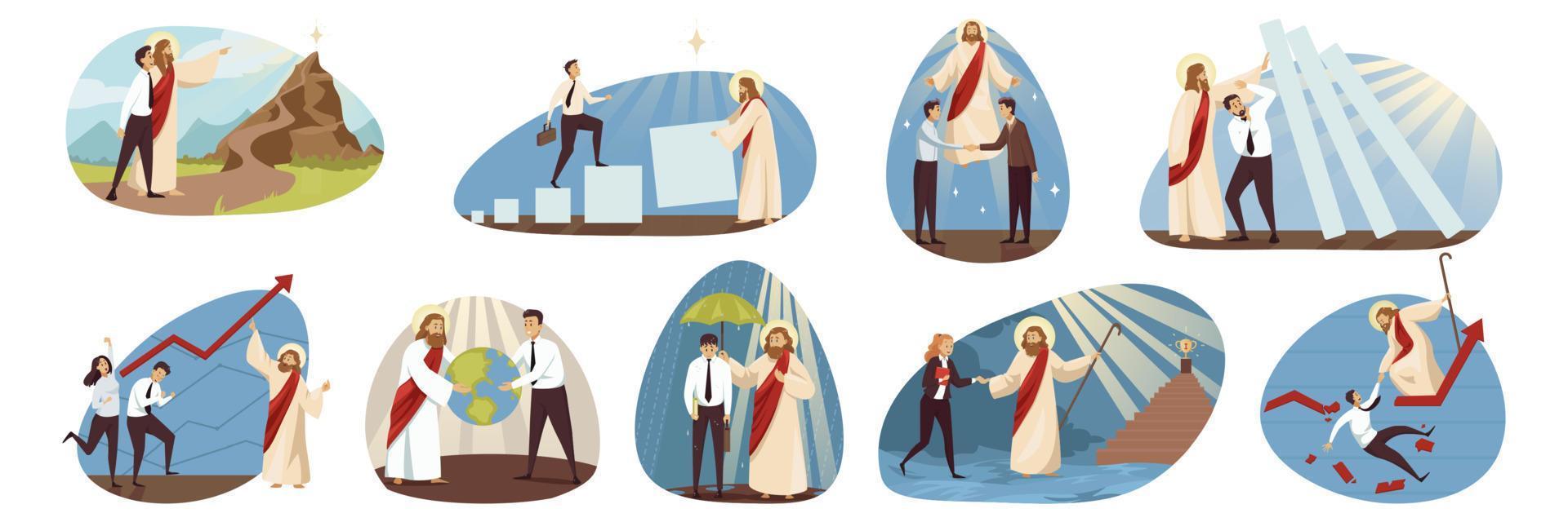 religión, negocio, apoyo conjunto concepto. Jesús Cristo bíblico religioso personaje Ayudar protege gente de negocios gerentes líderes alcanzando financiero éxito. adivinar apoyo cristiandad ilustración vector