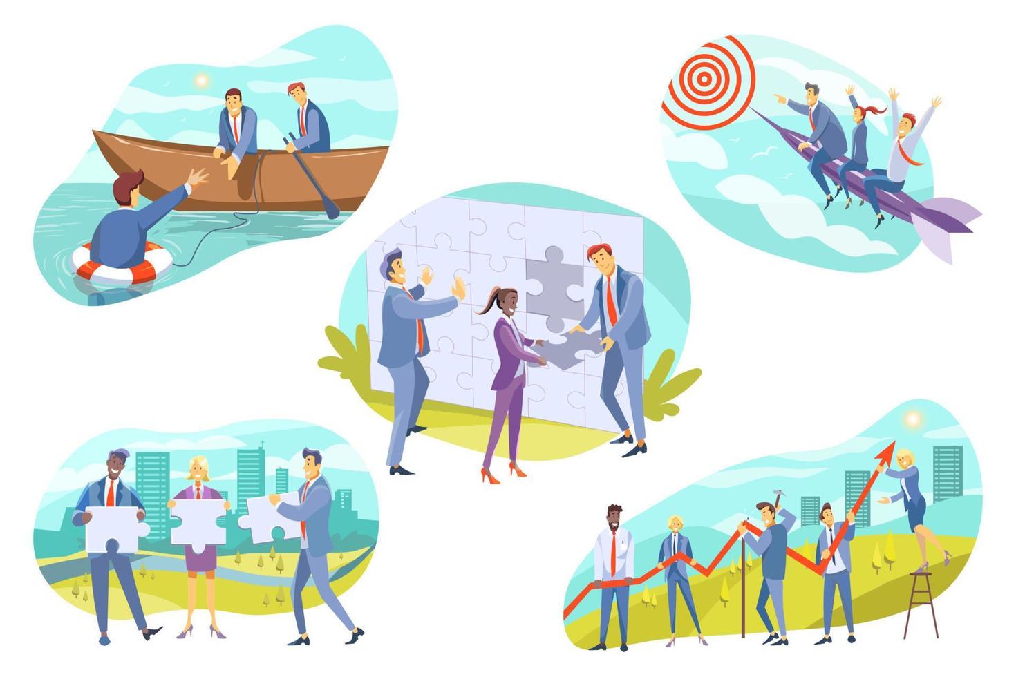 Business, teamwork, cooperation set concept. Collection of teams of businesspeople men women managers working together supporting colleagues assembling jigsaw puzzles. Coworking and goal achievement. vector