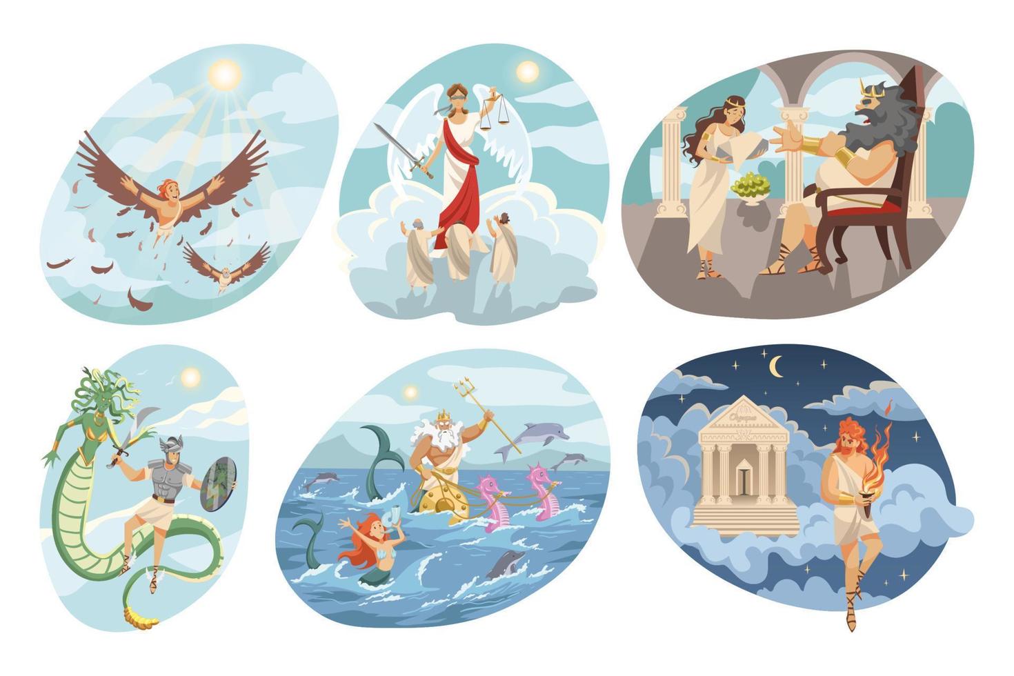 Mythology, Greece, religion set concept. Mythological religious ancient greek series of flying Icarus hero Perseus kills Medusa Gorgon Prometheus stealing divine fire Themis goddess and god Poseidon. vector