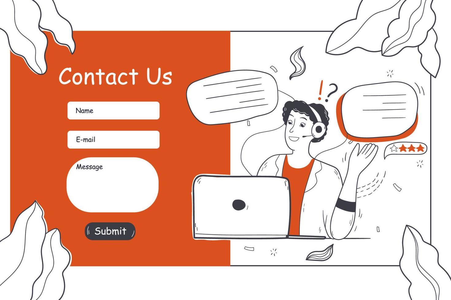 Customer service, online support, helpdesk concept. Contact us form website template or landing page illustration. Woman call center worker agent operator character with headsets talking with client. vector