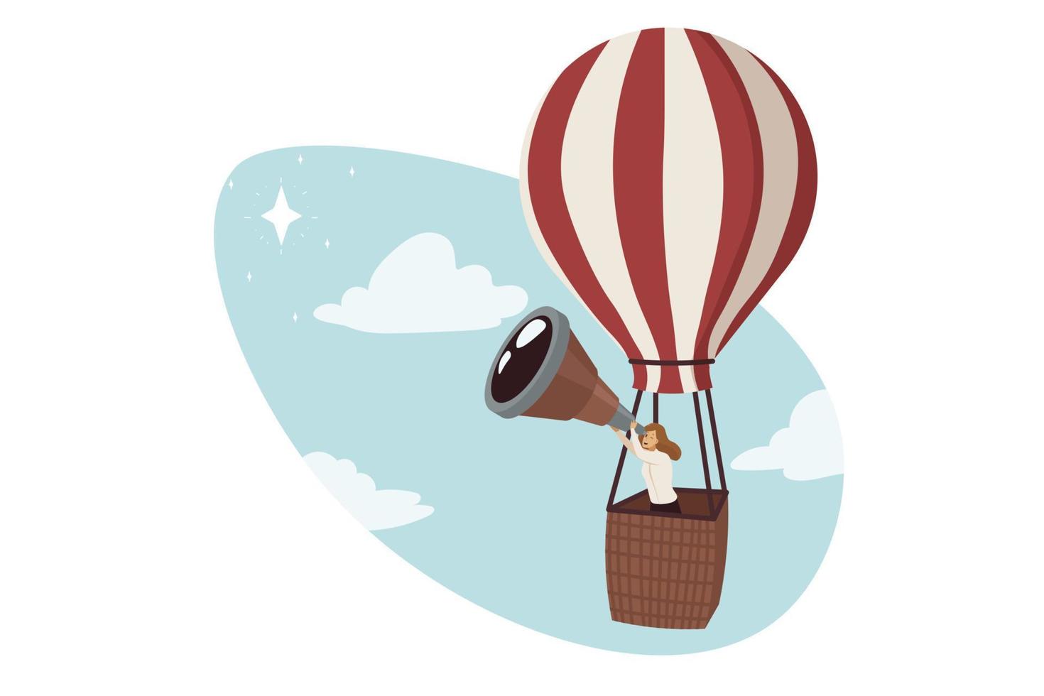 Search opportunity, business, discovery concept. Young confident clerk manager motivated businesswoman leader cartoon character looking at telescope on hot air balloon. Leadership and goal aspiration. vector