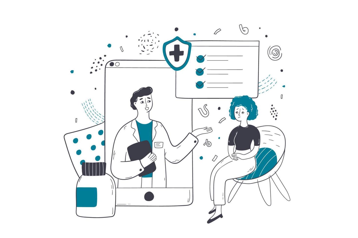 Health insurance, online medicine, consultation concept. Woman patient character communicating with man doctor hospital worker remotely filling medical document form. Healthcare support Illustration. vector