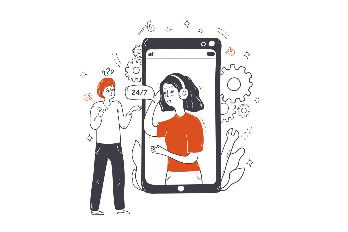 Customer service, online support concept. Man consumer client cartoon character talking with digital call center woman worker asking issues receiving answers. Frequently asked questions illustration. vector