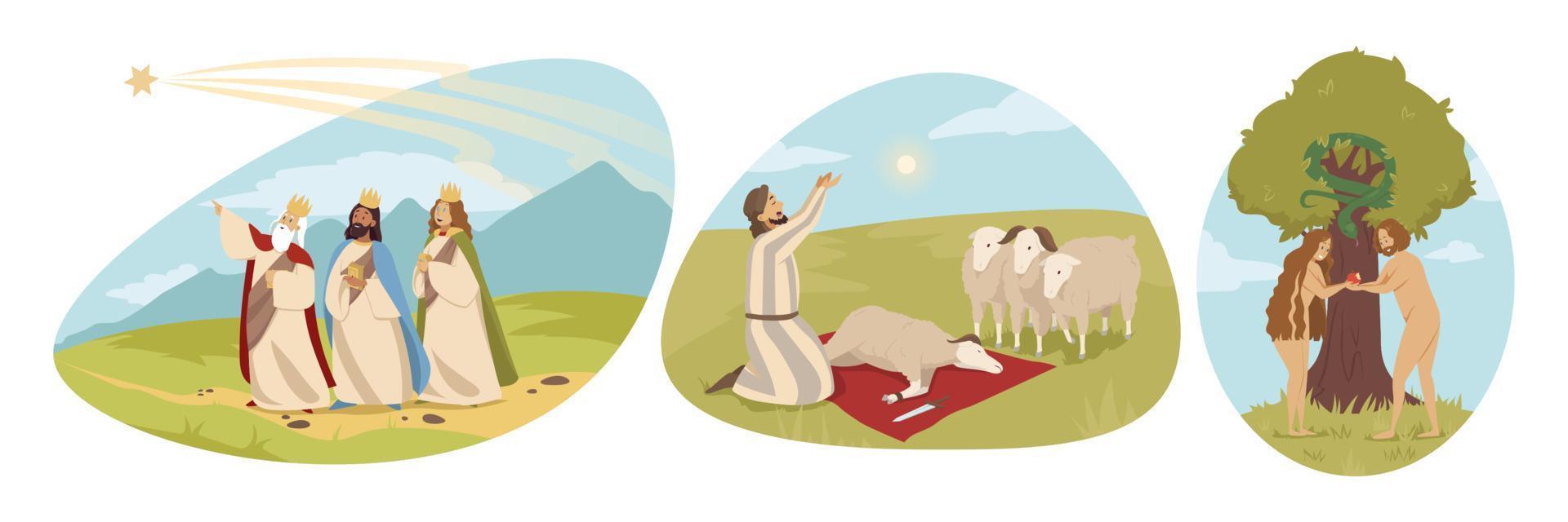 Religion, christianity, bible set concept. Religious biblical series of Adam and Eve in Eden garden and three kings following star of Bethlehem. Arab muslim man shepherd celebrating Kurban Bairam. vector