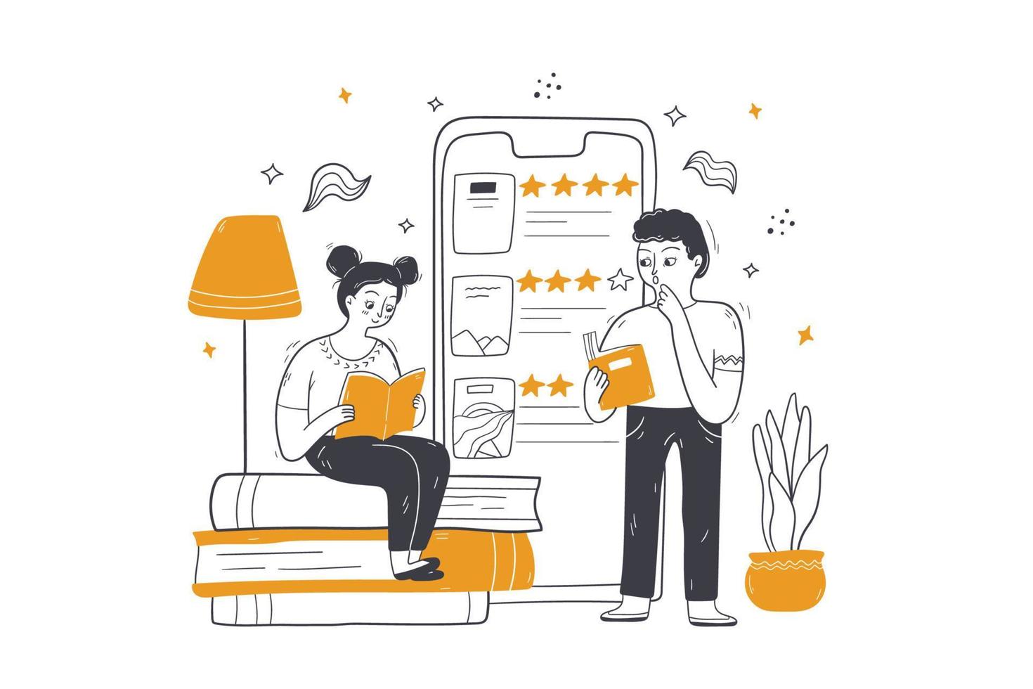 Online education, elearning, remote knowledge concept. Man woman teens students cartoon characters studying remotely at home reading book in digital ibrary with Smartphone. Mobile study illustration. vector