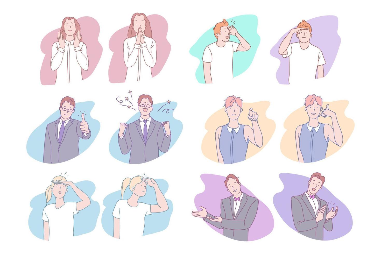 People, face expressions set concept. Collection of men women cartoon characters making applause looking at distance searching showing like praying celebrating victory. Different emotions and gestures vector