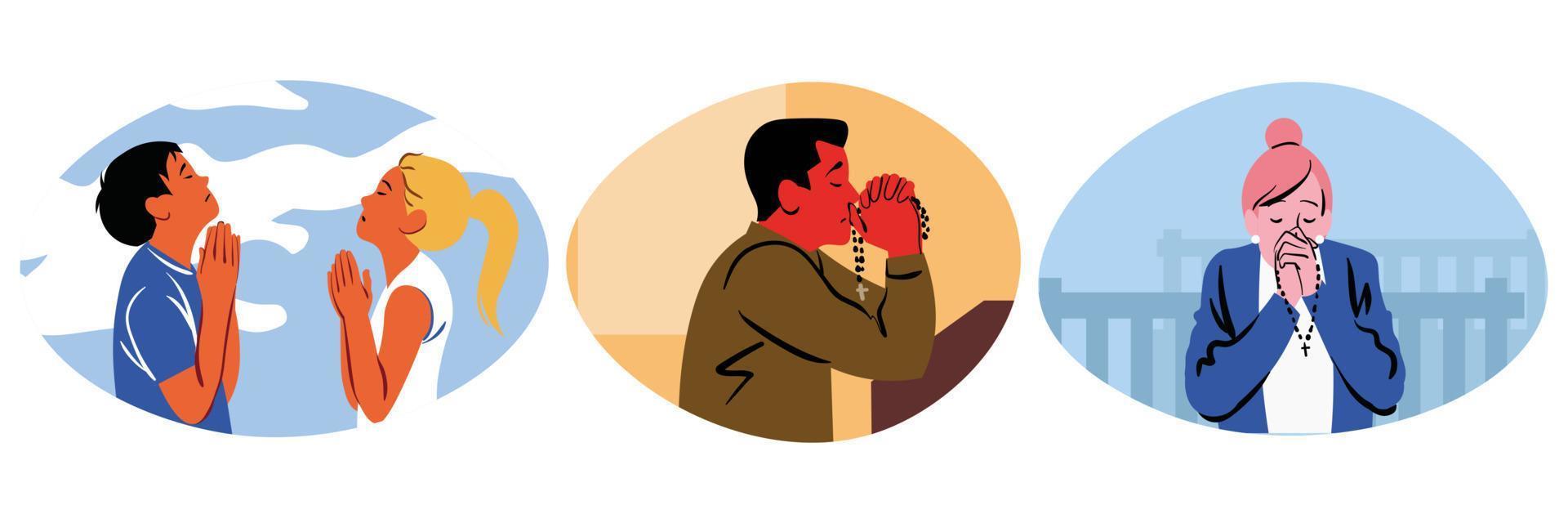 Prayer, religion, faith set concept. Collection of religious men women cartoon characters christians praying to god lord begging for luck protection and support. Chrsitianity and Jesus Christ belief. vector