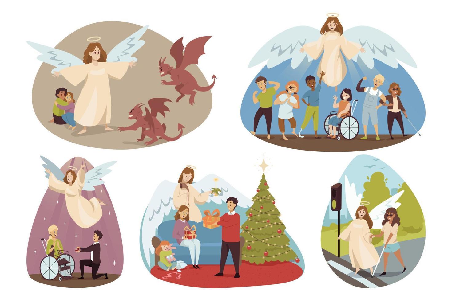 proteccion, religión, cristiandad concepto. ángeles bíblico religioso caracteres proteger discapacitado Ayudar minusválido personas niños fiesta Navidad bendición Pareja para casamiento. adivinar apoyo. vector