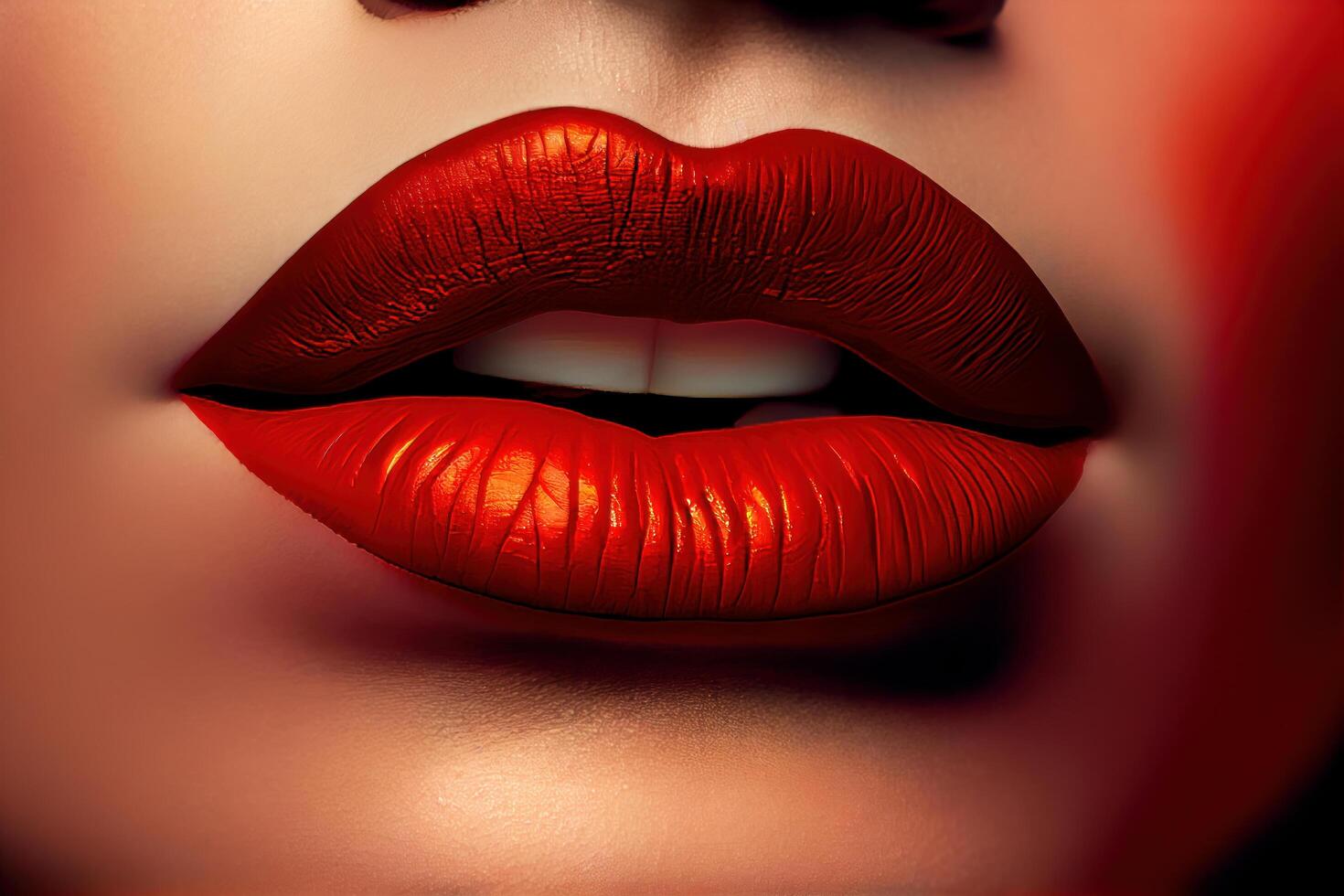extremo de cerca de un Perfecto labios con rojo lápiz labial generativo ai foto