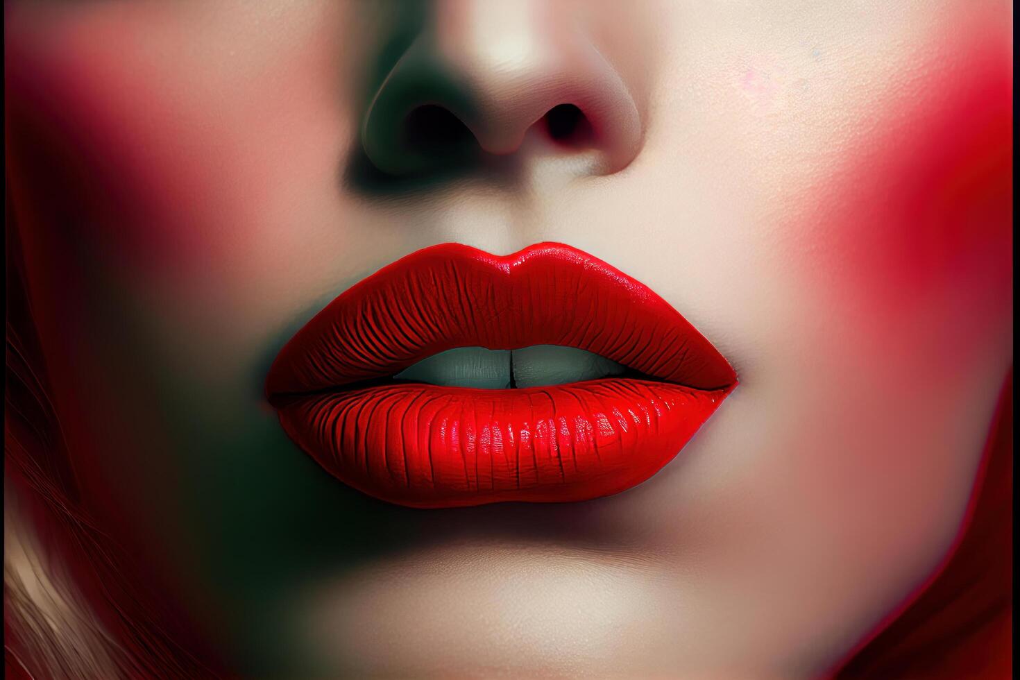 extremo de cerca de un Perfecto labios de mujer con rojo lápiz labial generativo ai foto