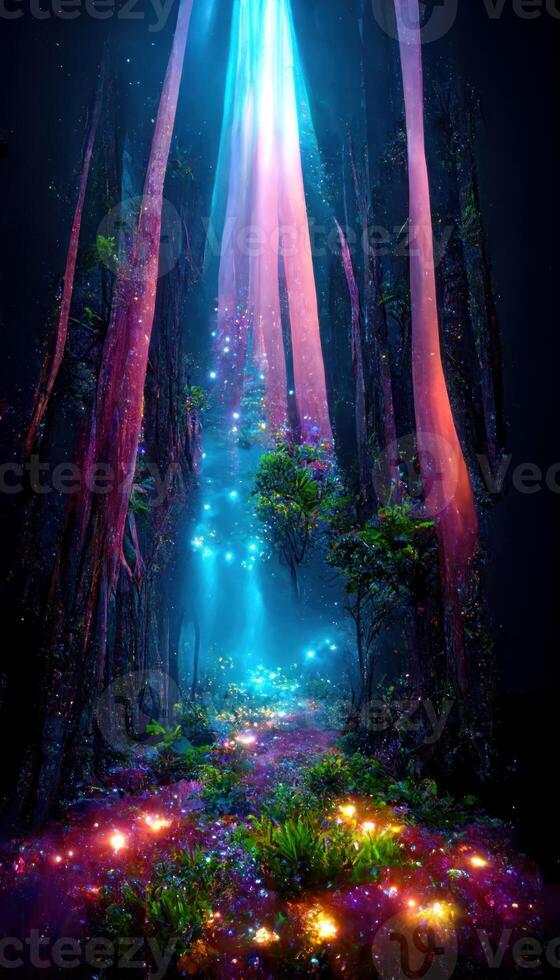 Colorful bioluminescence plants in forest crystals image photo