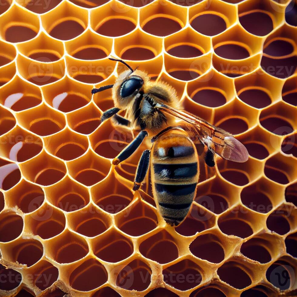 Bee on honeycomb close up image photo