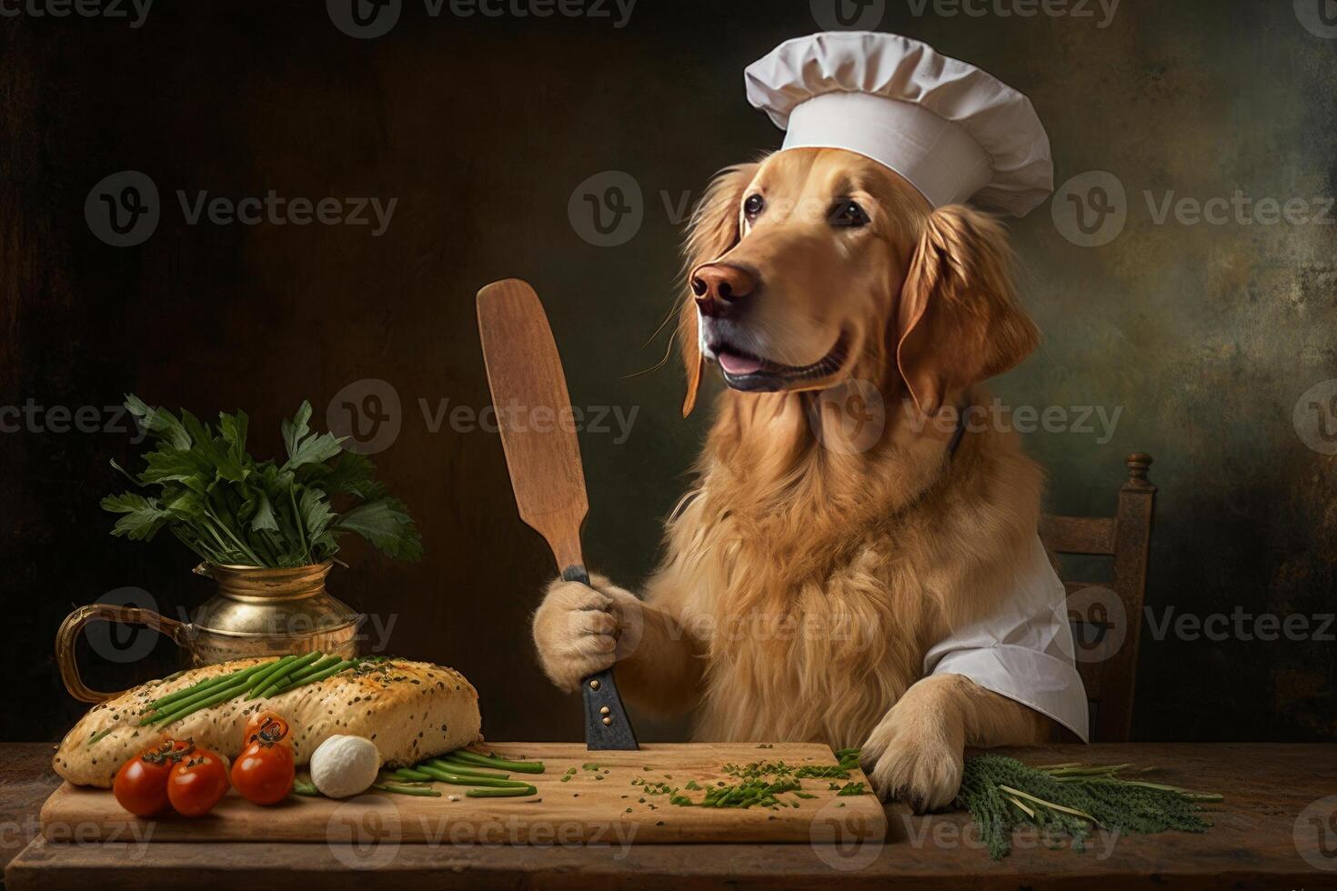 Golden Retriever Classically Trained Chef dog in kitchen photo