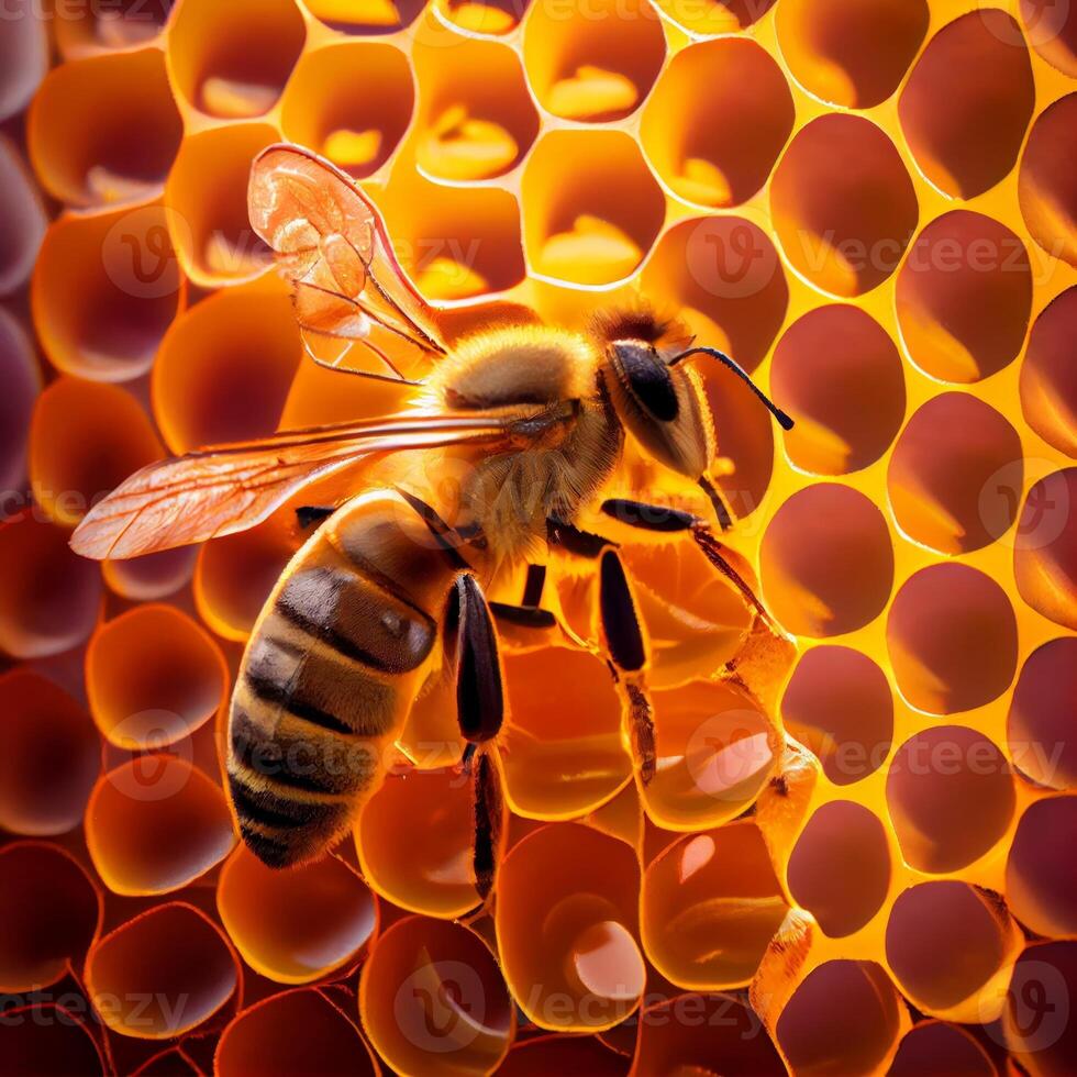Bee on honeycomb close up image of honey bee photo