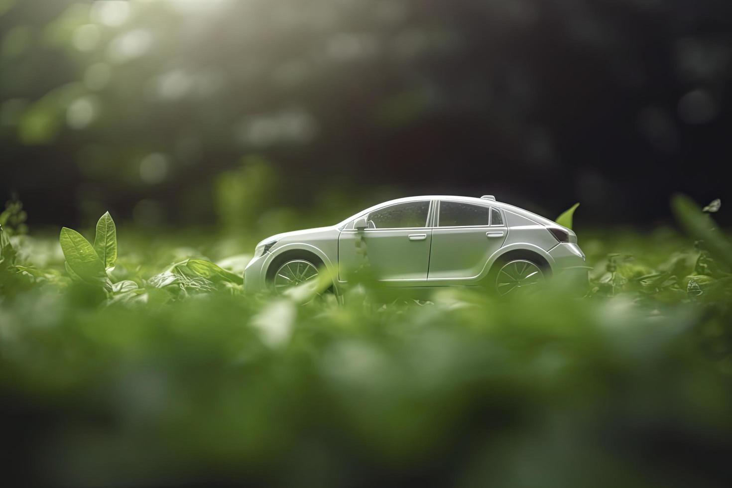 electric car with green leaf icon on blur grass background, ecology and environment concept photo