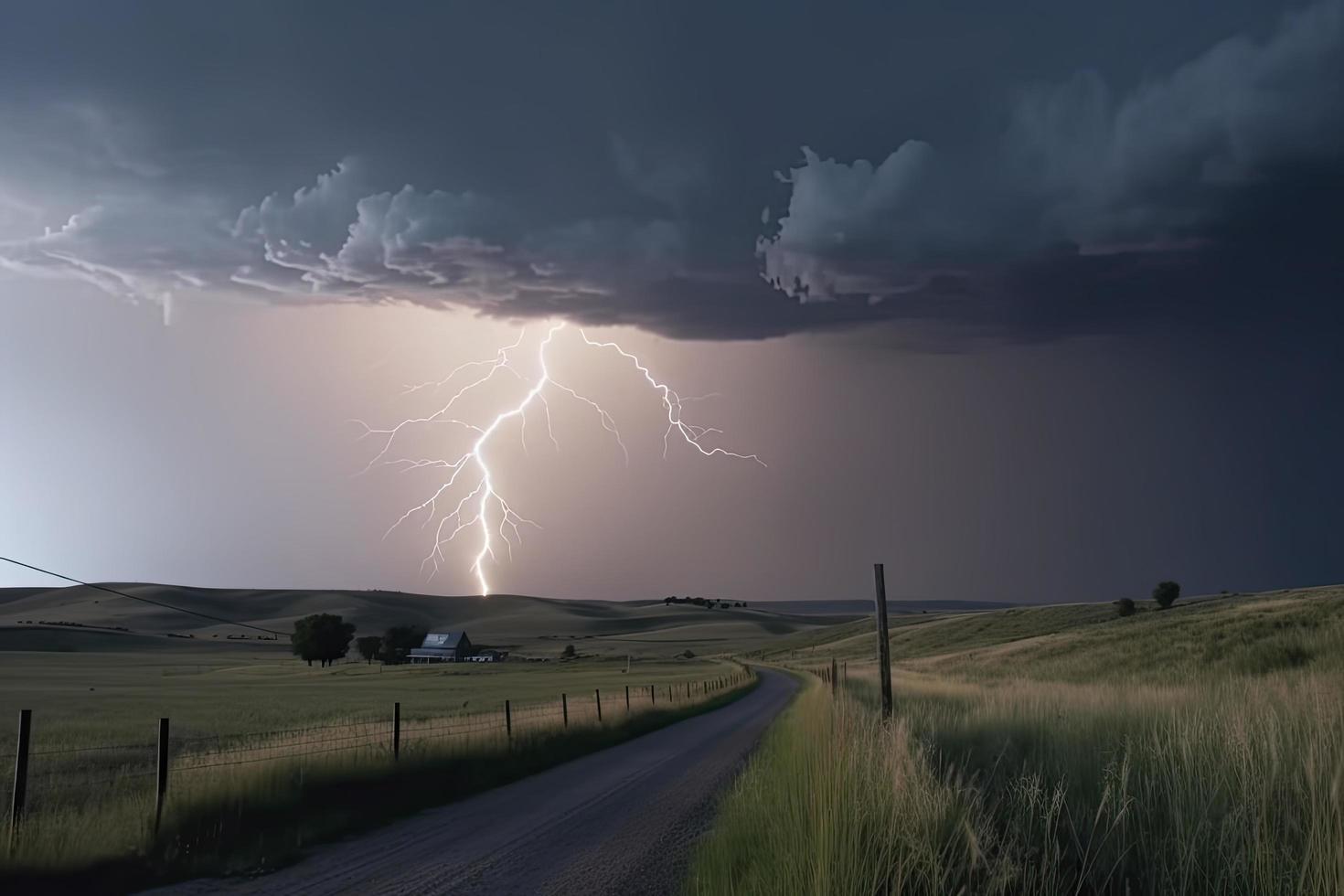 dramático relámpago rayo tornillo Huelga en luz rural rodeando malo clima oscuro cielo foto