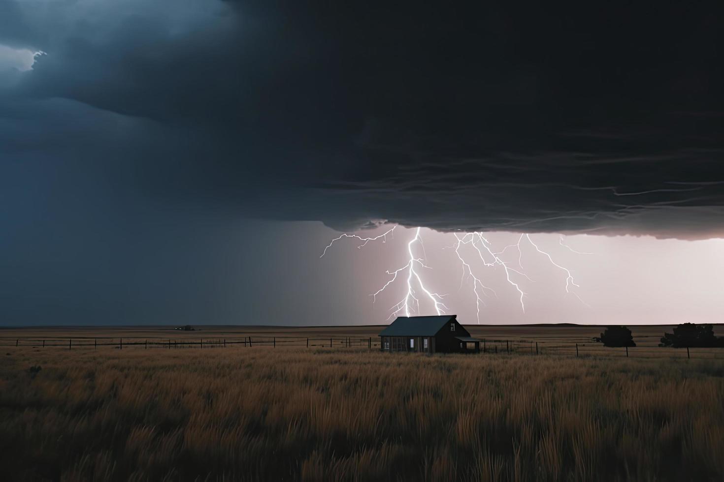 dramatic lightning thundertbolt bolt strike in daylight rural surrounding bad weather dark sky photo