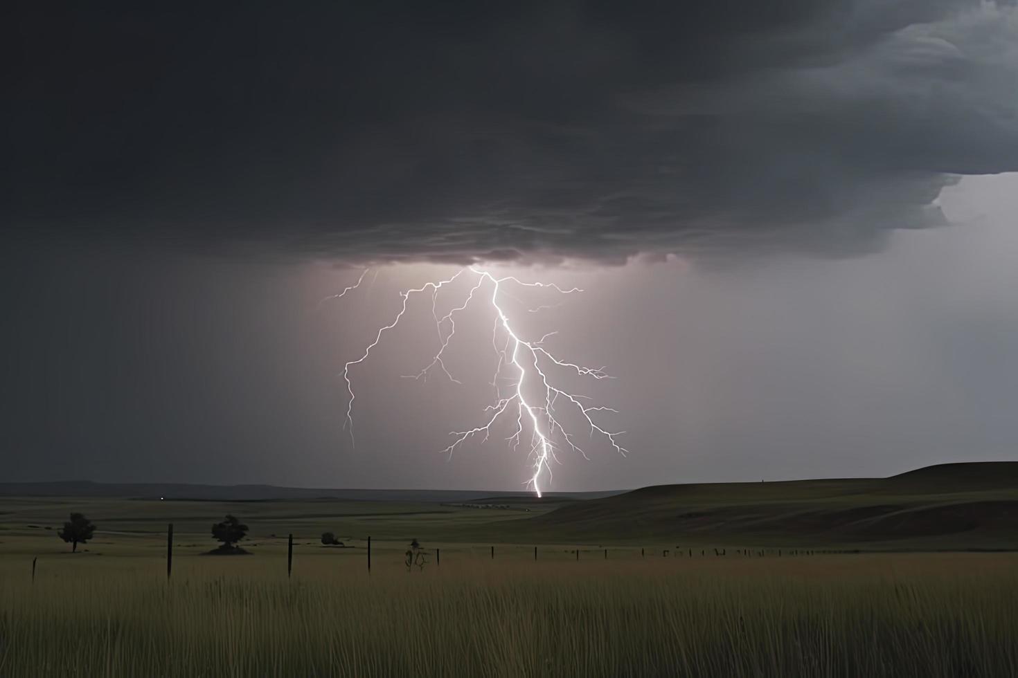 dramatic lightning thundertbolt bolt strike in daylight rural surrounding bad weather dark sky photo