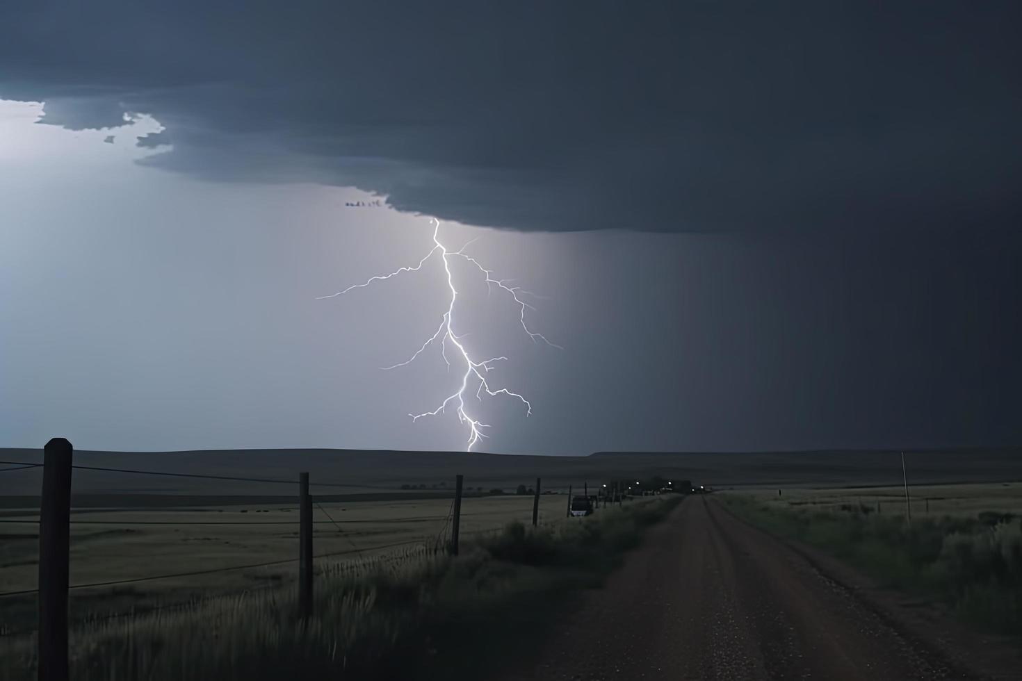 dramatic lightning thundertbolt bolt strike in daylight rural surrounding bad weather dark sky photo