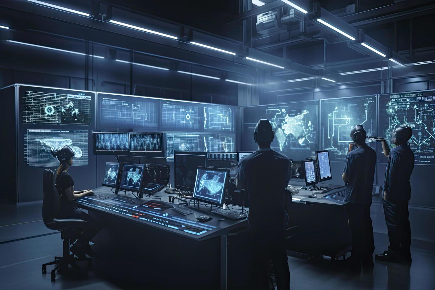 Computer aided manufacturing M2M automation technology industry 4.0 engineering, 3D robot teamwork working meeting in factory futuristic metaverse cyber digital world photo