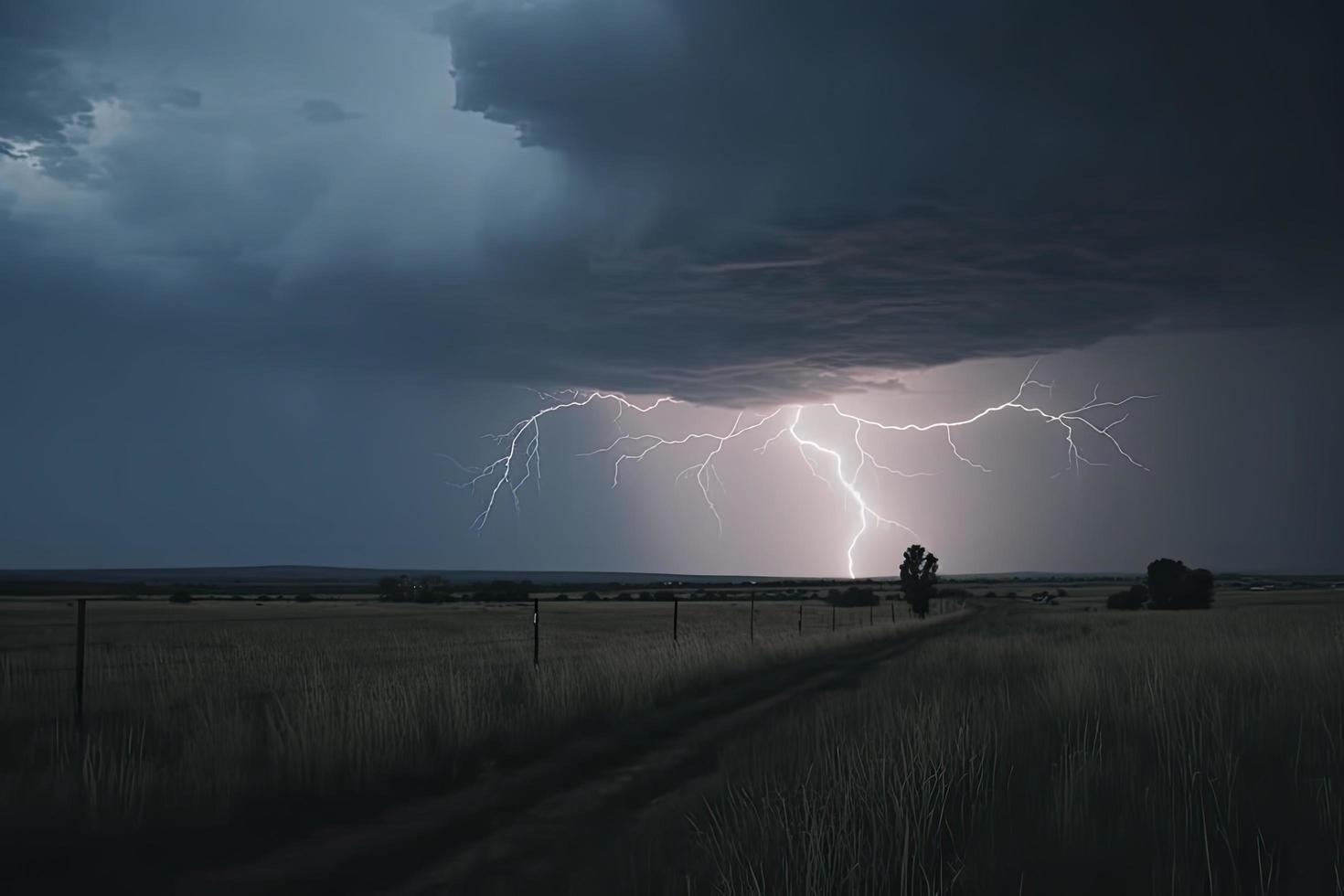 dramatic lightning thundertbolt bolt strike in daylight rural surrounding bad weather dark sky photo