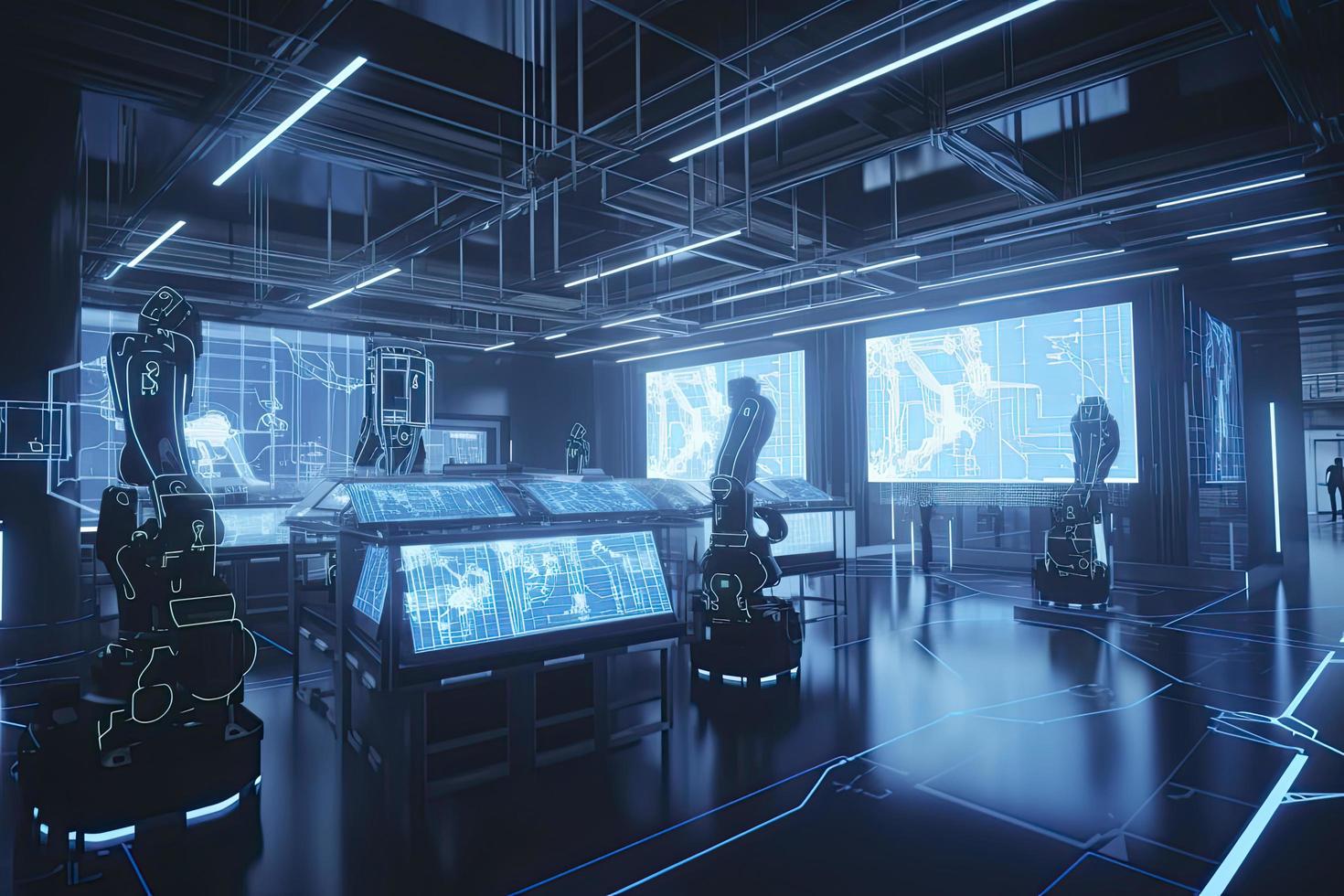 Computer aided manufacturing M2M automation technology industry 4.0 engineering, 3D robot teamwork working meeting in factory futuristic metaverse cyber digital world photo