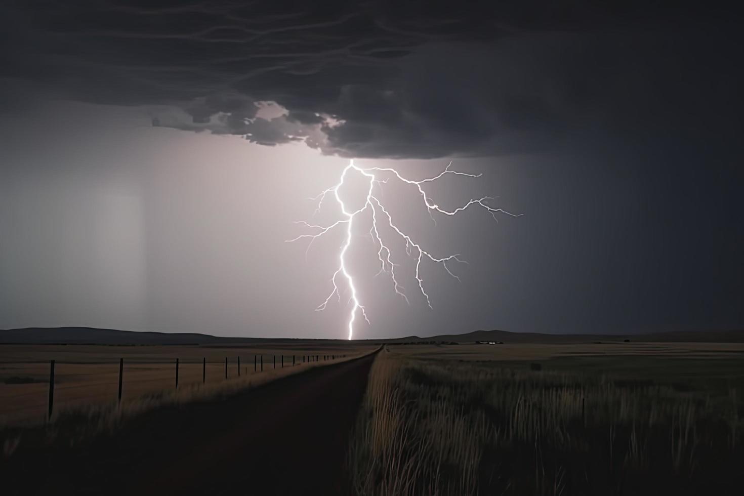 dramatic lightning thundertbolt bolt strike in daylight rural surrounding bad weather dark sky photo