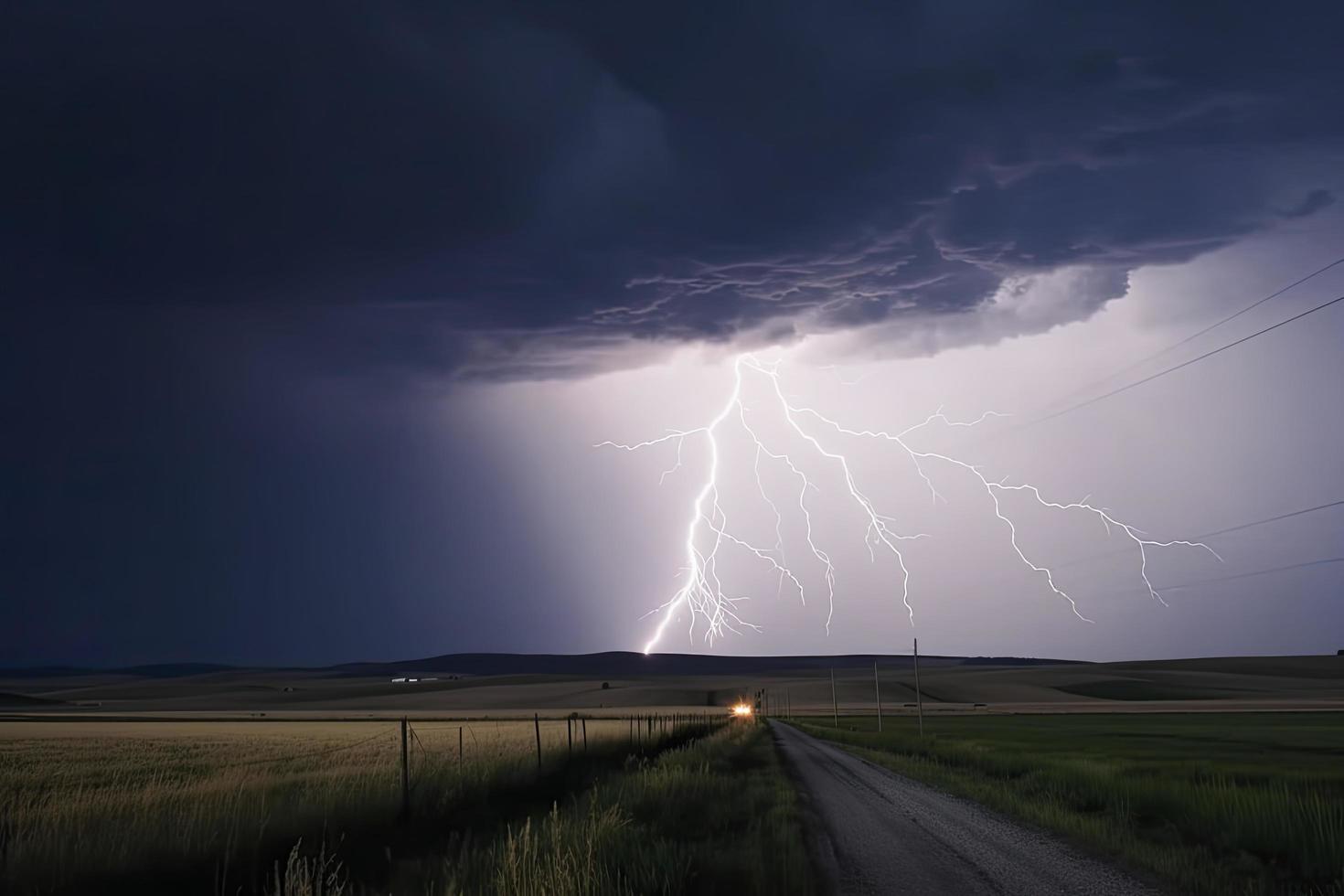 dramático relámpago rayo tornillo Huelga en luz rural rodeando malo clima oscuro cielo foto