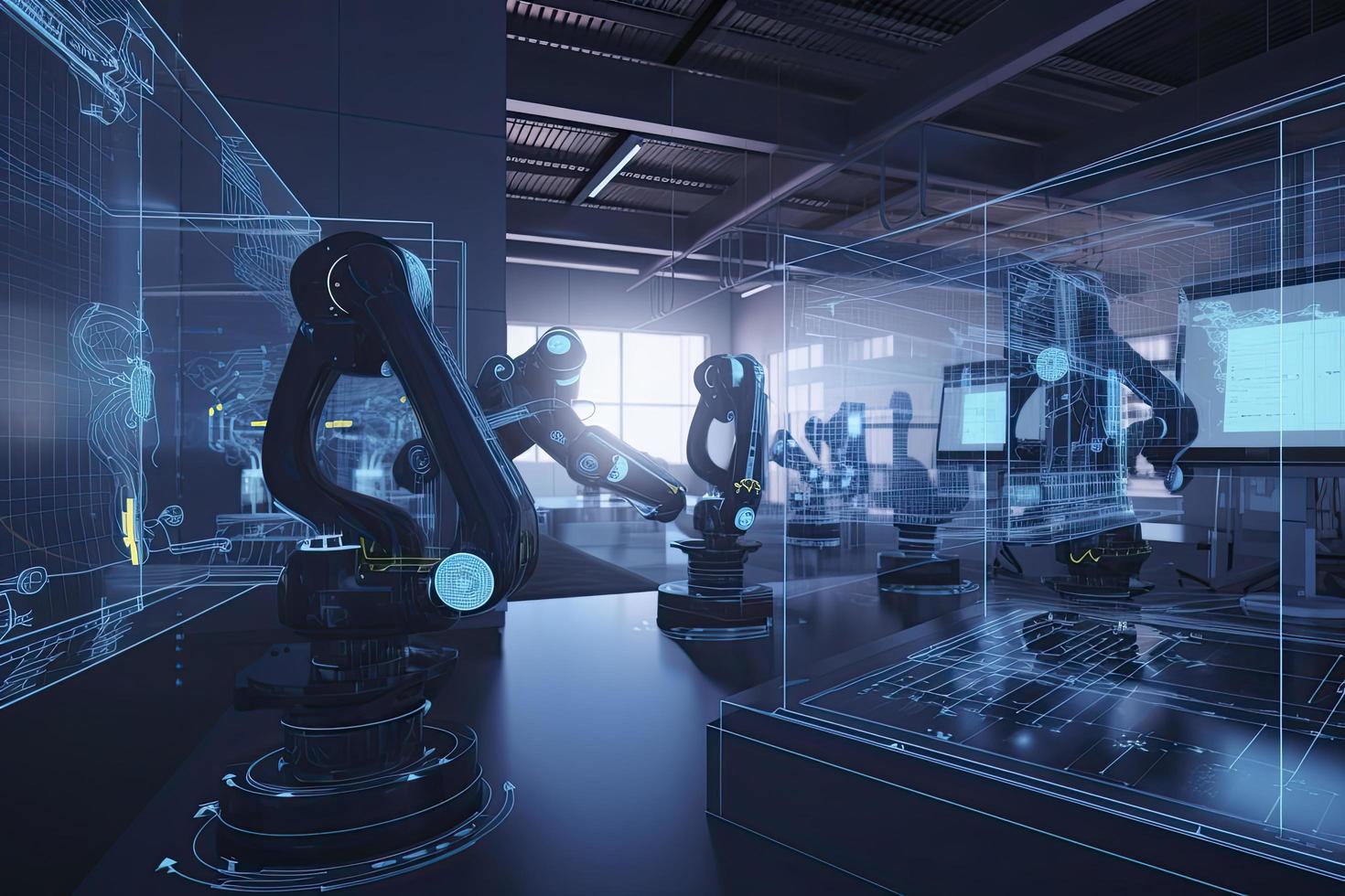 Computer aided manufacturing M2M automation technology industry 4.0 engineering, 3D robot teamwork working meeting in factory futuristic metaverse cyber digital world photo