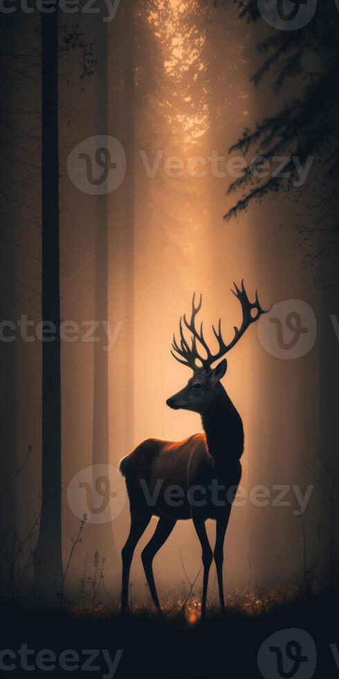 dark forest fog morning sun dark brown deer image photo