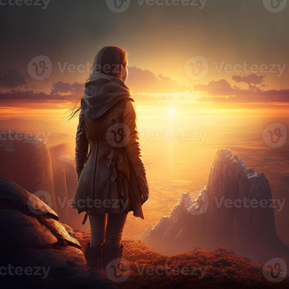 A beautiful young woman arrives at the top of the mountain at sun rise photo