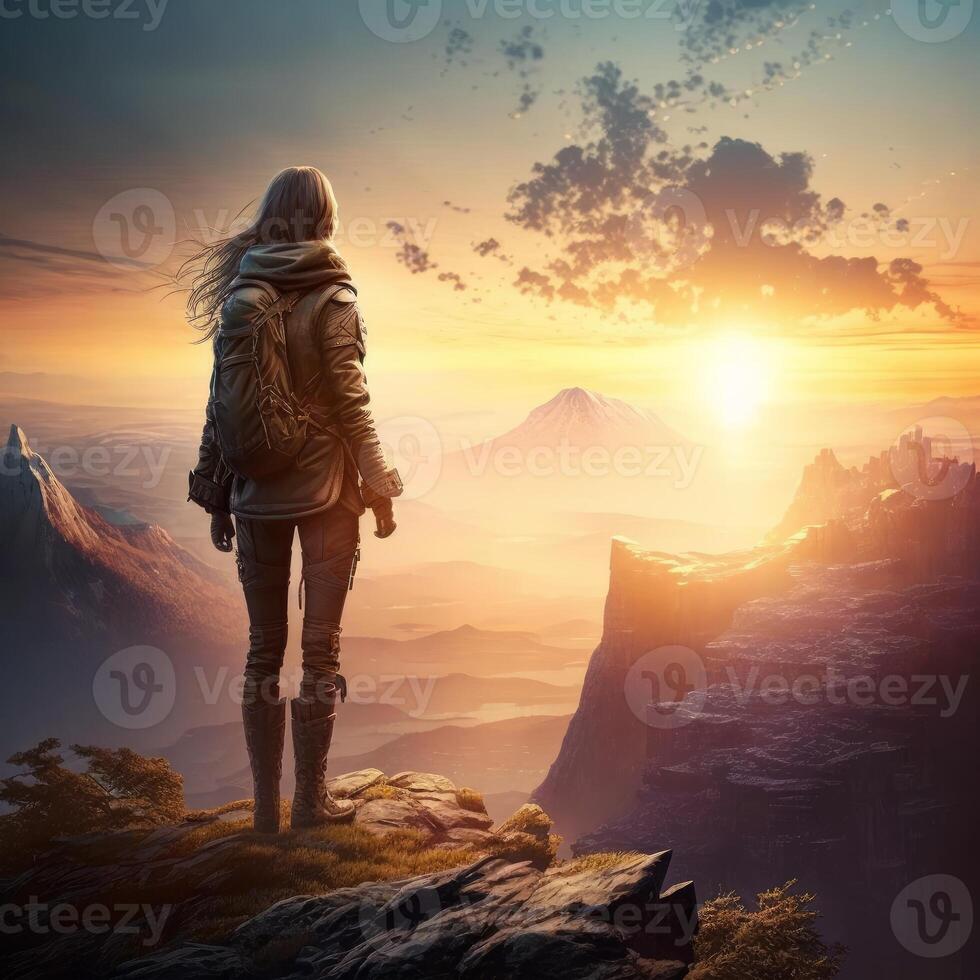 A beautiful young woman arrives at the top of the mountain photo