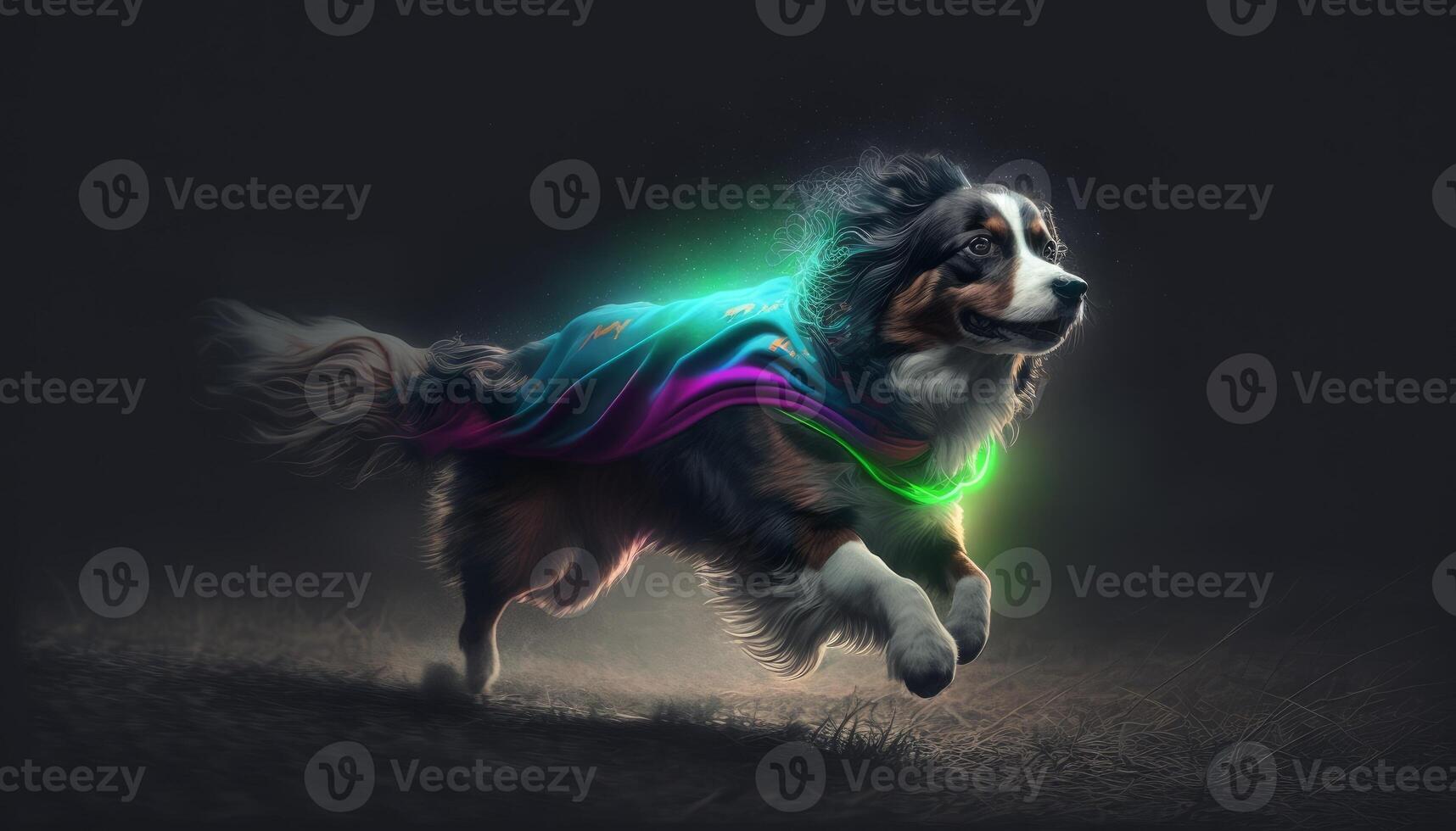 dog running through the dark night wearing a neon colors photo