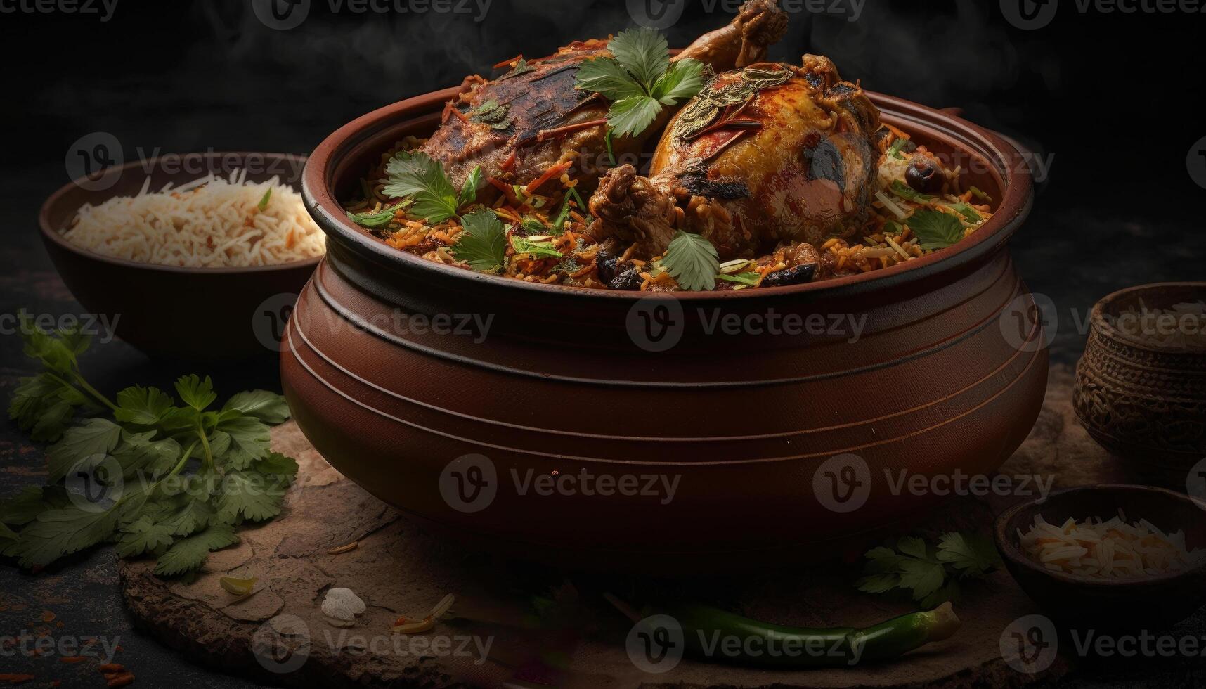 chicken biriyani using jeera rice arranged in big bowl photo