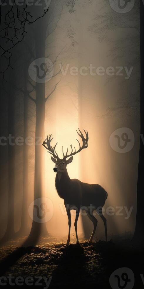 A brown beautiful deer in a dark foggy forest image photo