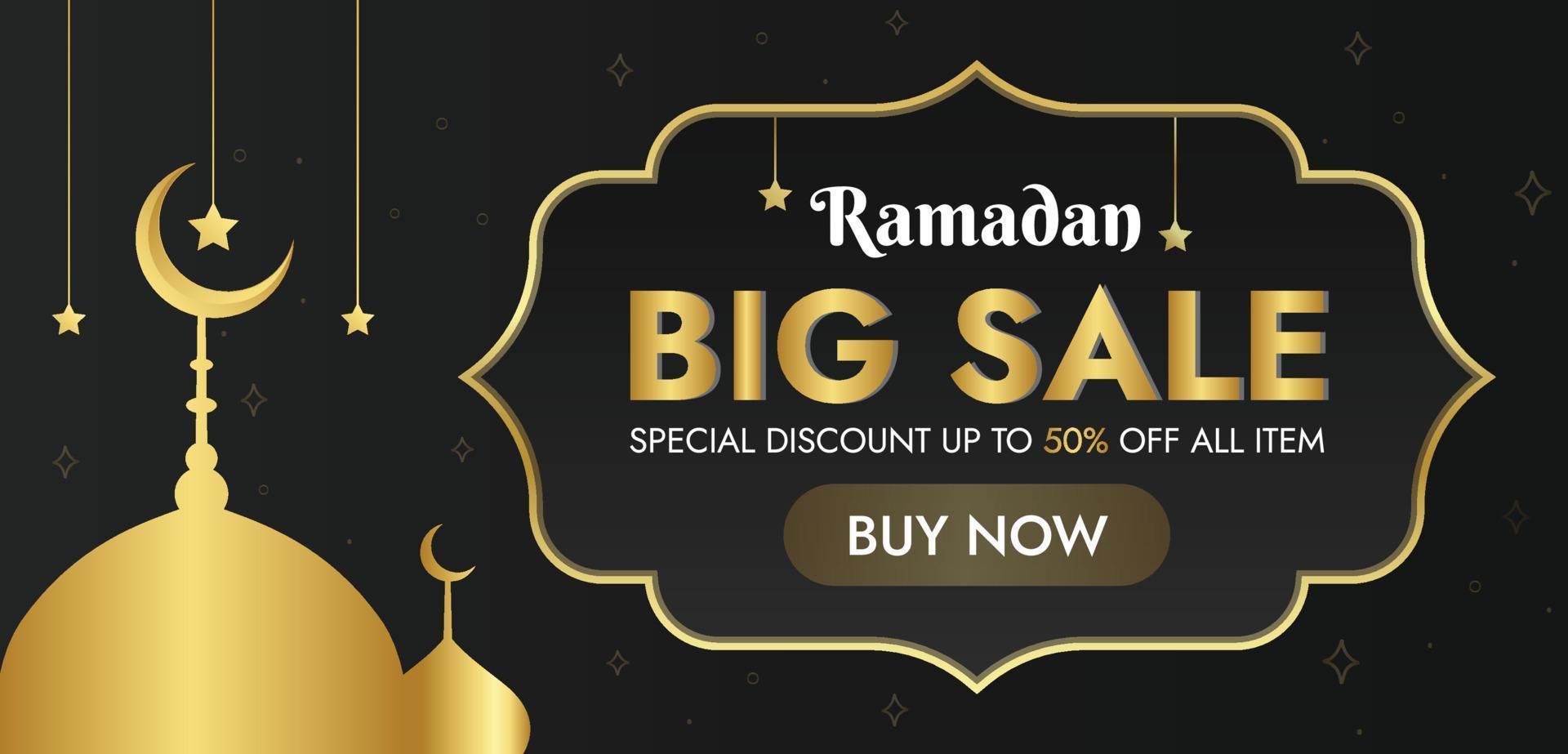 Ramadan Big Sale With Special Discount Up To 50 Off And Square Theme Banner, Mosque, Crescent Moon And Stars. vector