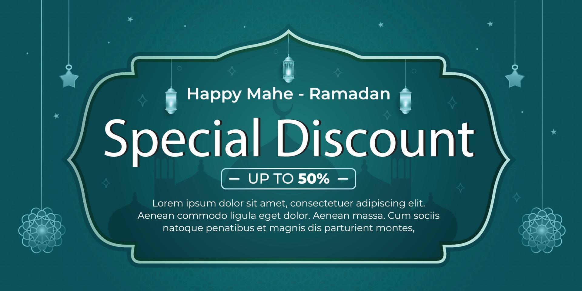 Ramadan Special Discount With Up To 50 Off And Social Media Theme, Ramadan Kareem Lanterns And Crescent Stars. vector