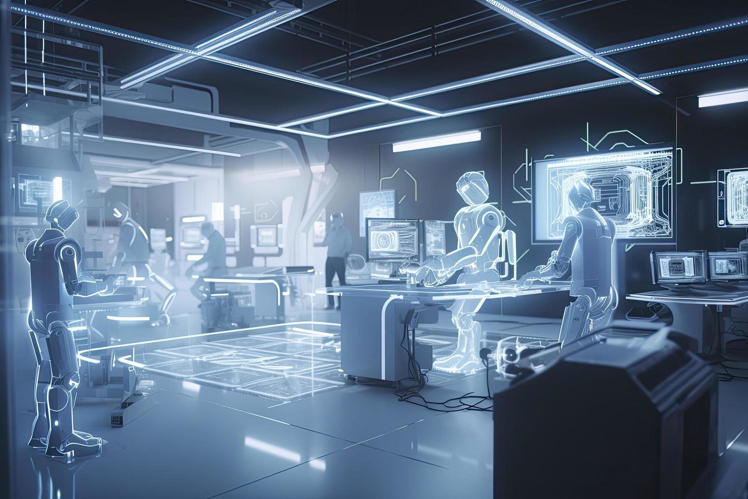 Computer aided manufacturing M2M automation technology industry 4.0 engineering, 3D robot teamwork working meeting in factory futuristic metaverse cyber digital world photo